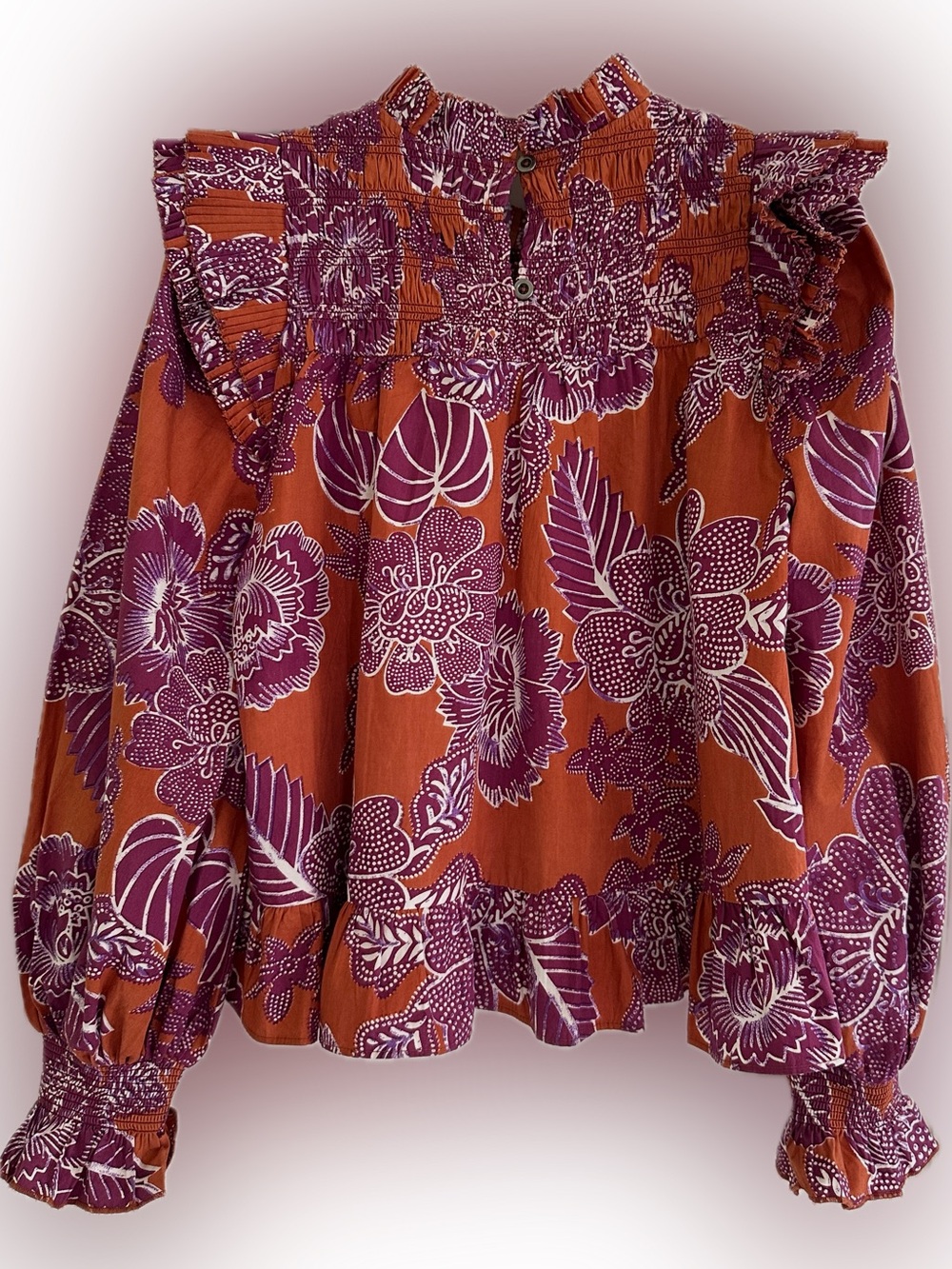 Love The Label Long sleeve, smocked, ruffle shirt. Orange/purple/maroon. Sz Sm - Picture 3 of 7